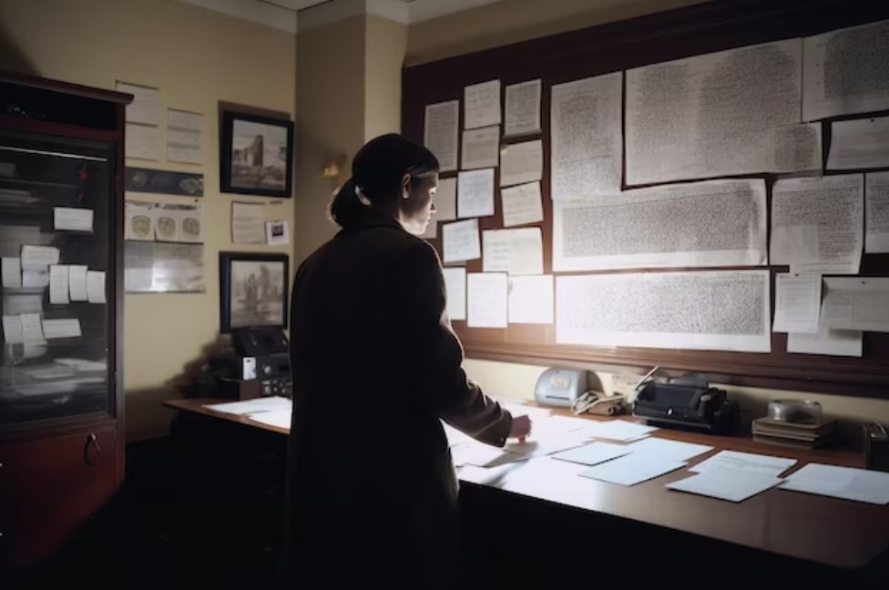 a female detective analyzing information of a crime on the evidence board