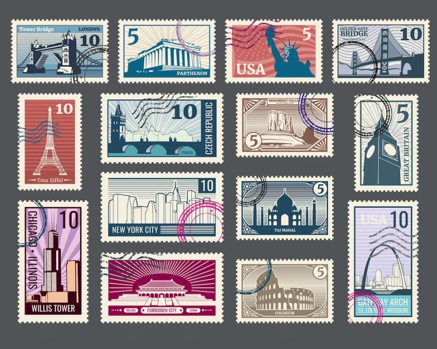 a collection of travel postage stamps with historic architecture and world landmarks