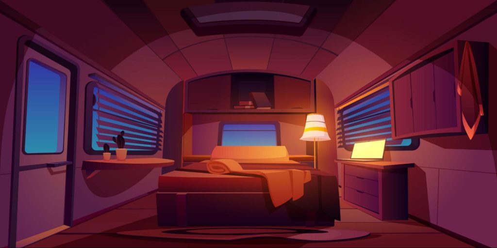 a luxurious camping RV trailer’s interior with a bed and amenities at night