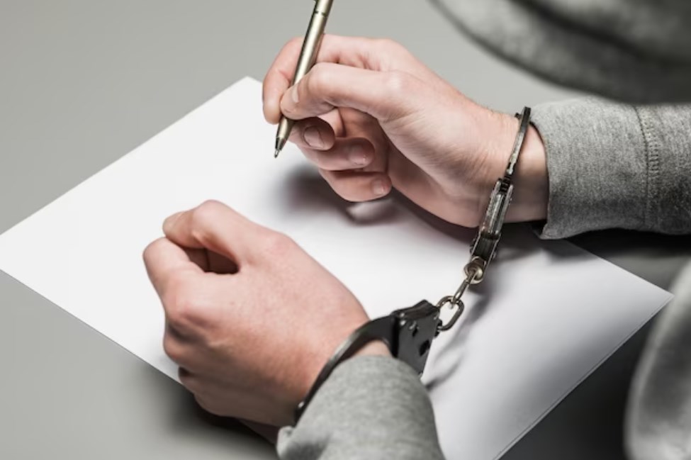 hands of a criminal in handcuffs with a pen in the right hand on a white sheet of paper