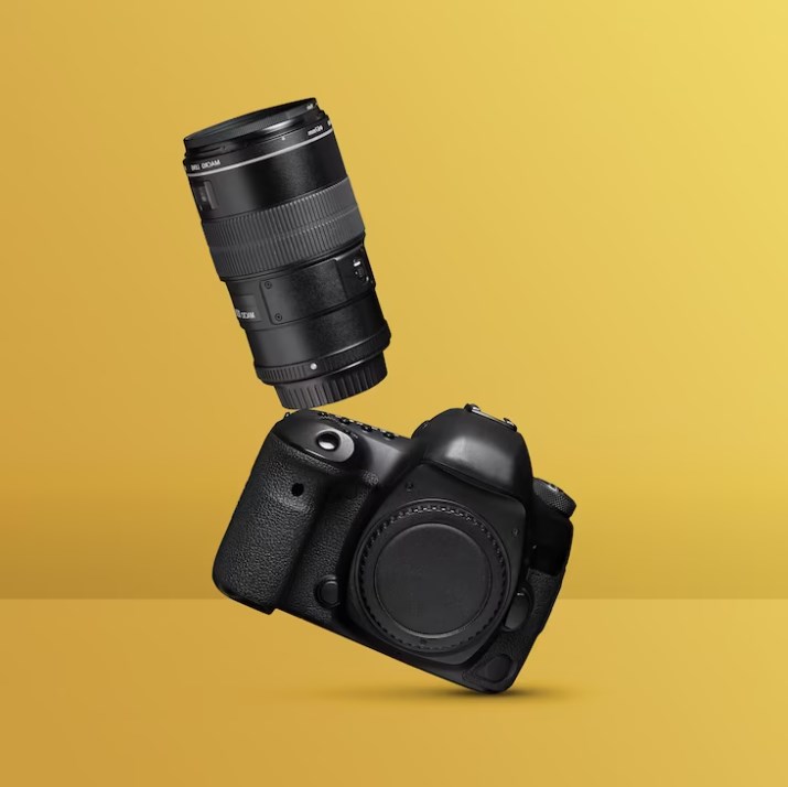 a camera mount with a lens balancing on a yellow background